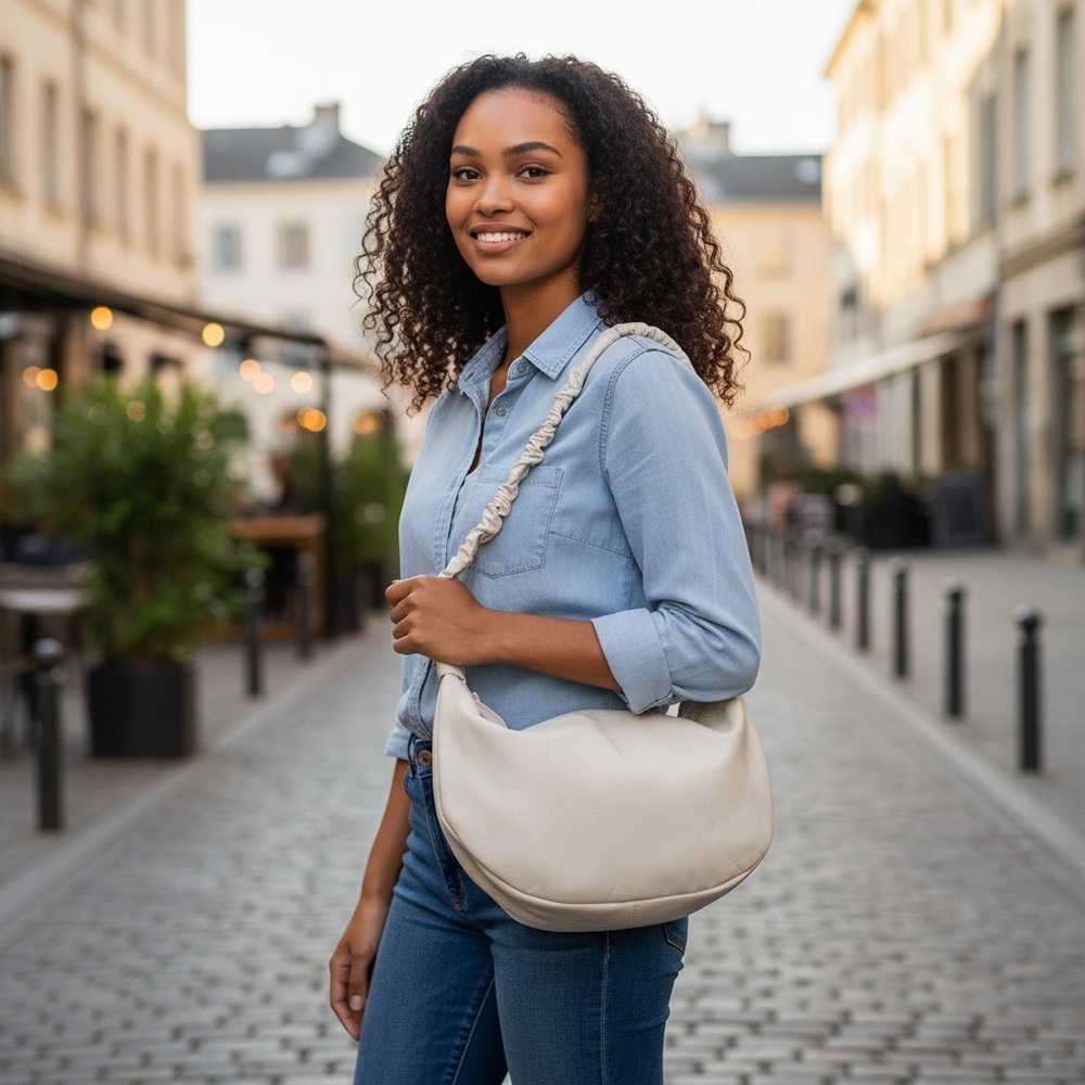 AMERAI Italian Cream Leather Large Half Moon Shoulder Bag Ruched Strap